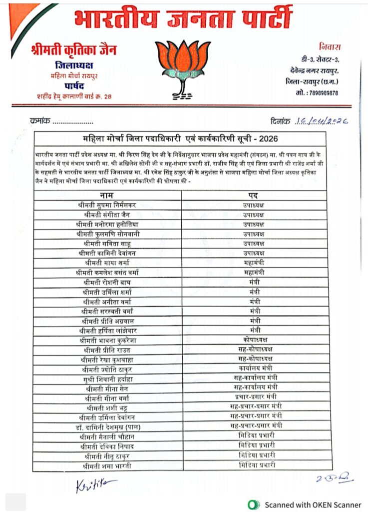 रायपुर भाजपा महिला मोर्चा 2026 की पूरी टीम घोषित, मंडल से जिला तक सशक्त संगठन का विस्तार